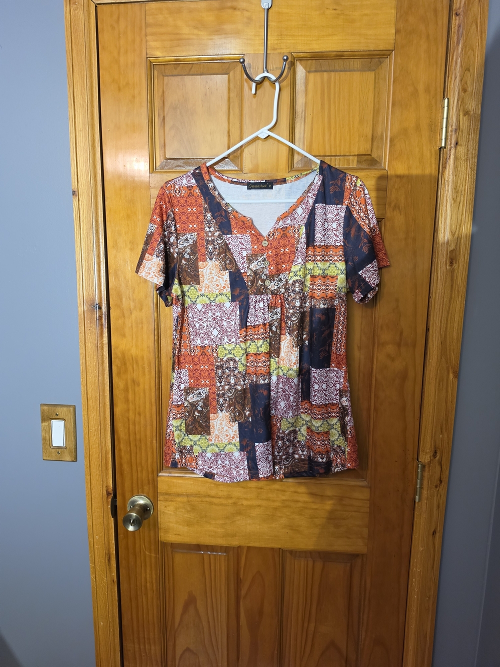 Patchwork Print Short Sleeve Women's Top - Rust Multi